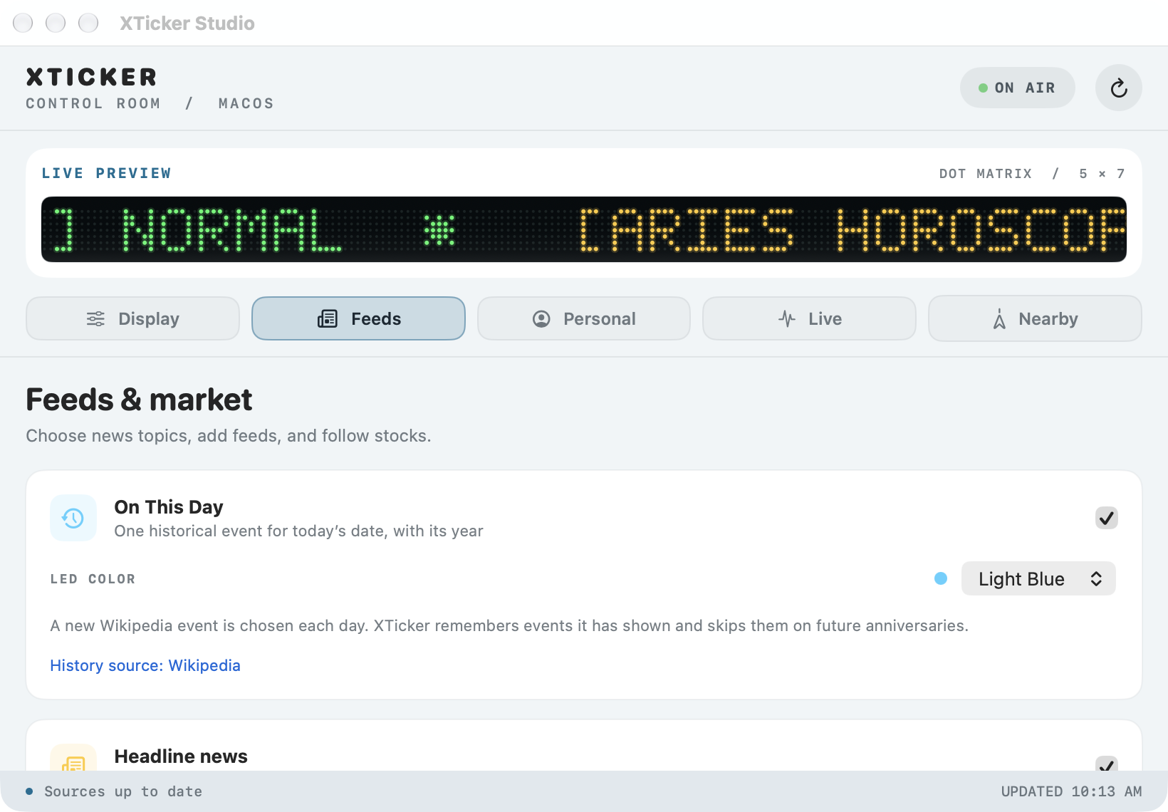 XTicker Studio Feeds tab showing headline publisher checkboxes