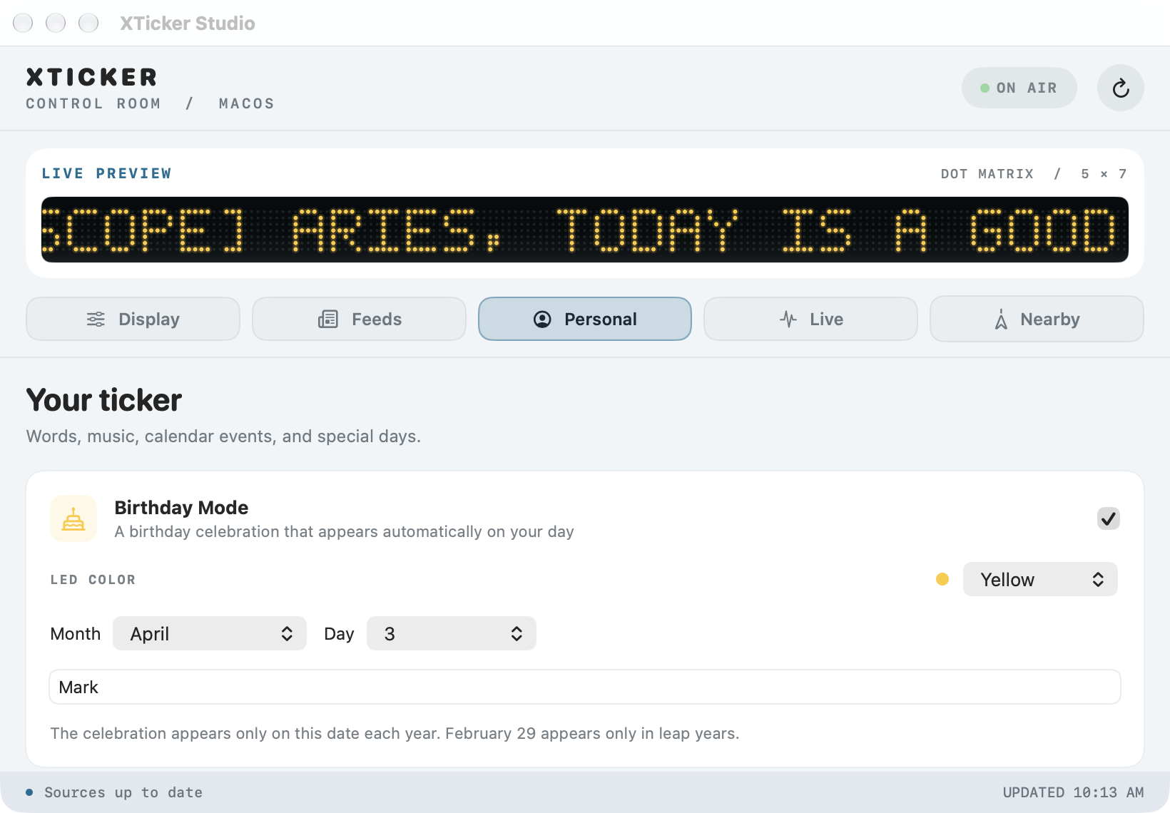 XTicker Studio Personal tab showing Birthday Mode and custom words